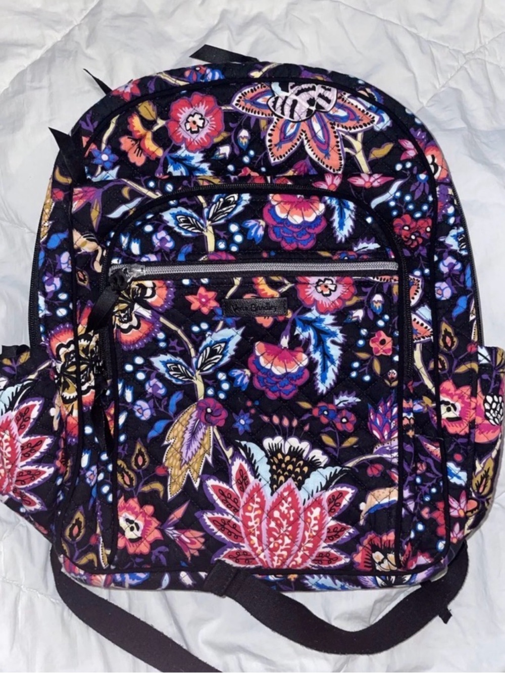 Vera Bradley Black Quilted Backpack with Purple & Pink Floral Print